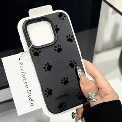 Black Dog Footprints Print Phone Case For iPhone 17 16 15 14 13 12 11 Pro Max XS XR 16 Plus Matte Lichee Pattern Soft TPU Cover