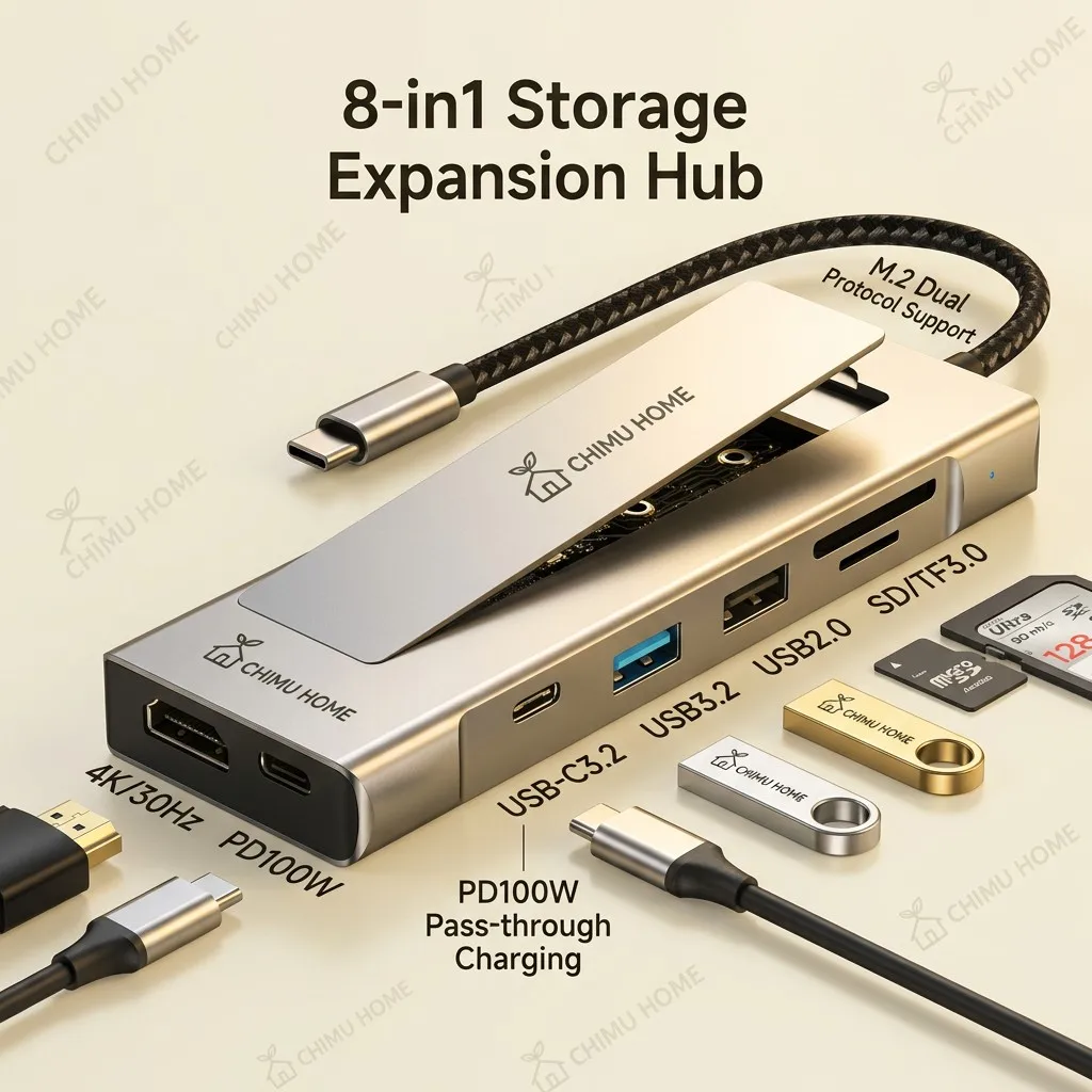 【CHIMU HOME】8-in-1 M.2 Dual Protocol Storage Hub USB-C 3.2 10Gbps PD100W 4K Video Output Media Port for Laptop