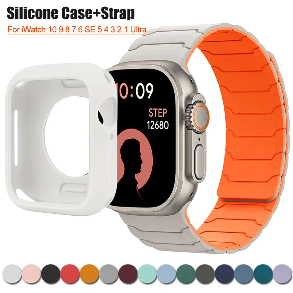 Magnetic Strap+Silicone Case for Apple Watch Band Ultra 2 49mm 46mm 45mm 44mm 42mm 41mm 40mm TPU Cover Iwatch 10 9 8 7 6 SE 5 4
