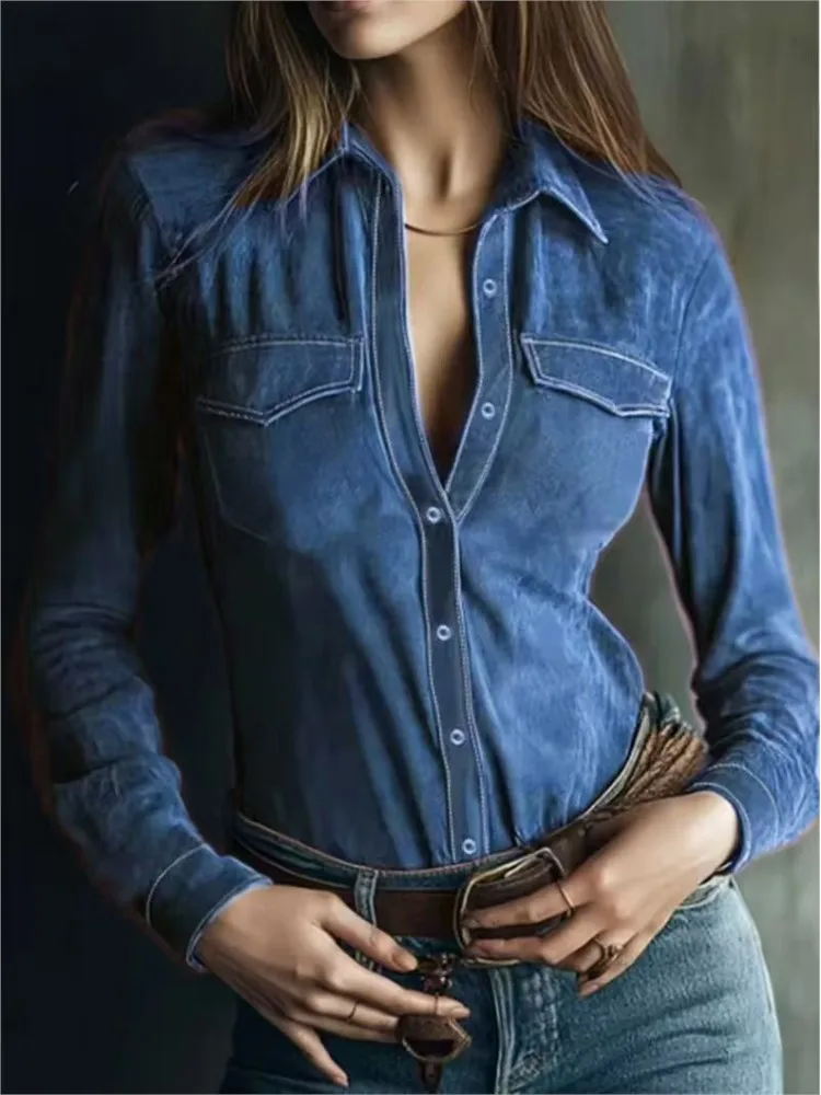 

Women Suede Fabric Solid Blouses Spring Autumn Fashion Long Sleeve Single-row Buckle Shirt Ladies Elegant Versatile Office Top