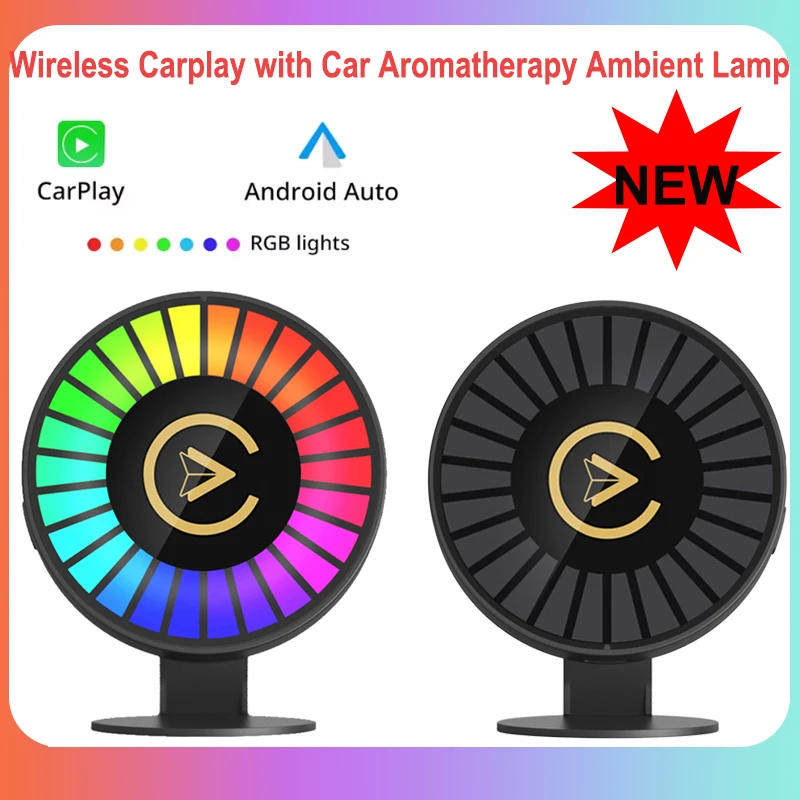 

3-in-1 Wireless Carplay Android Auto Adapter Plug and Play Car Aromatherapy with Ambient Lamp Rechargeable for Car Air Outlet