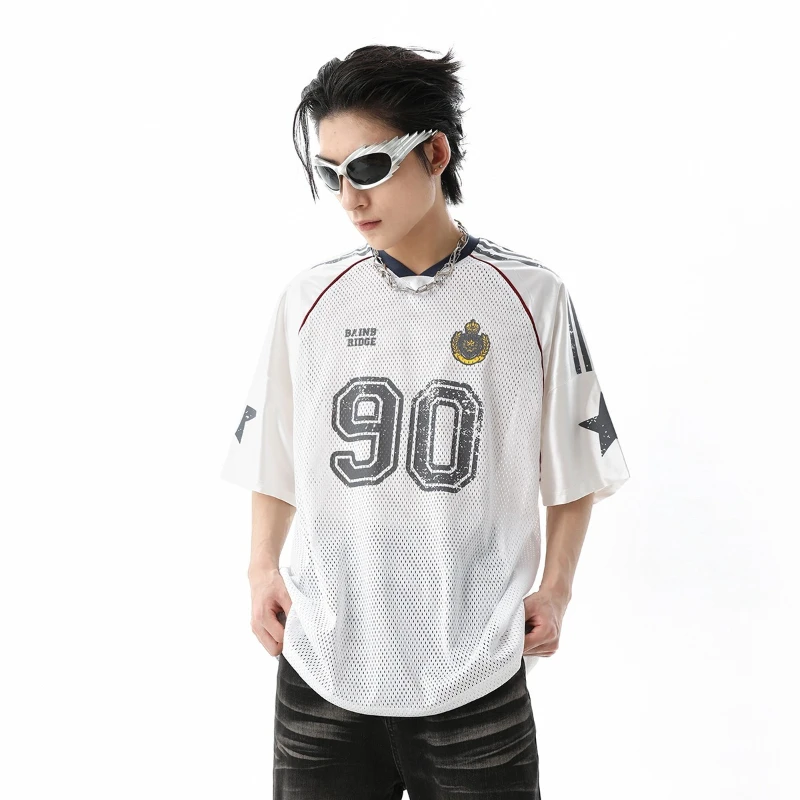 American Graffiti Mens T-shirt Summer Fashion Trends 2026 New Man Tees Comfortable Mesh Surface Loose Badge Rugby Shirt Top