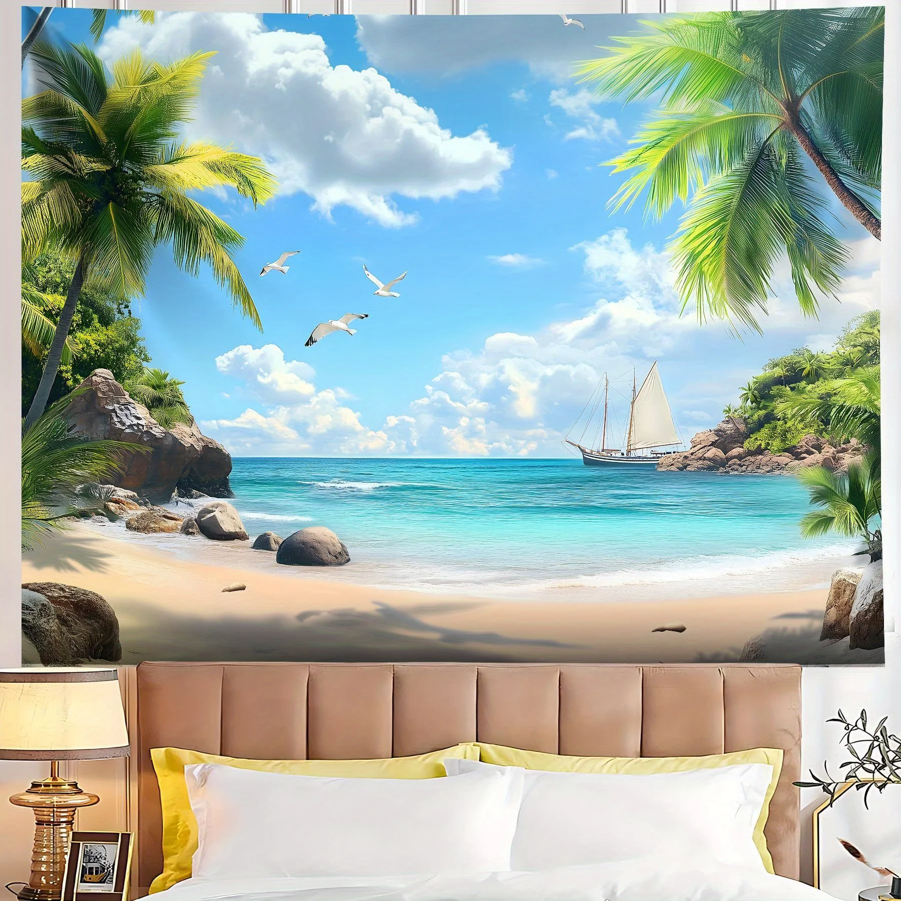 Tropical Beach Paradise Tapestry: Serene, Vibrant, and Blissfully Relaxing Wall Art for a Coastal Decor Statement