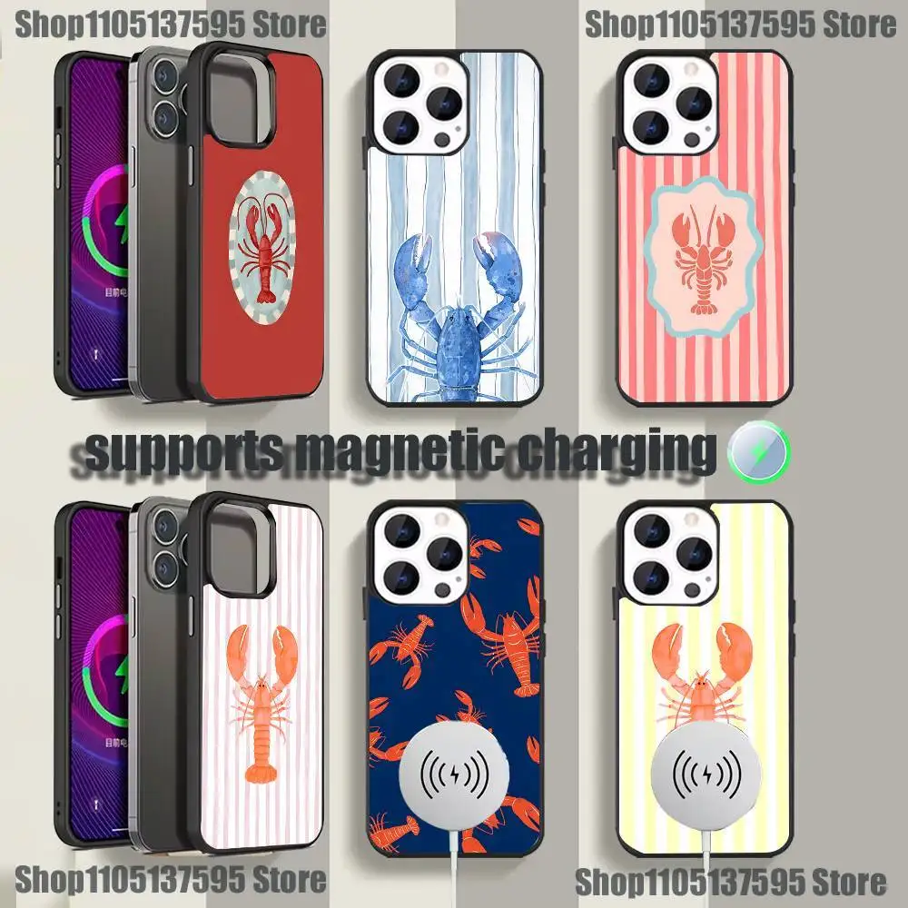 

Lobster On Stripes Ocean Phone Case For iPhone 17,16,15,14,13,12,11,Pro,Max,Plus,Mini,SE4,E Magnetic Magsafe Wireless Charging