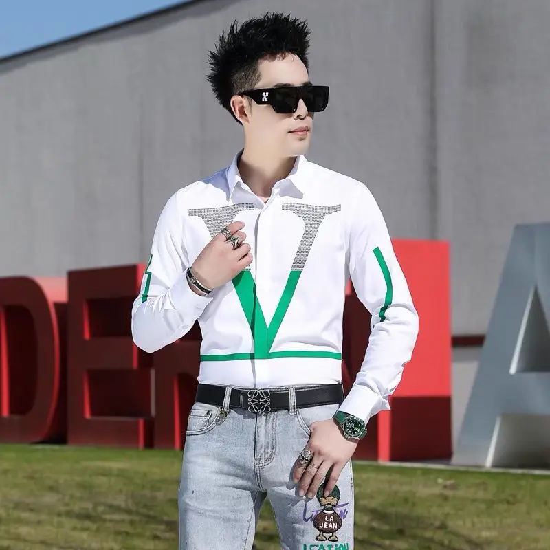 Men's Clothing Spring and Autumn high quality Trendy Letter Printed Shirt Trendy Brand Hot Drilling Long Sleeve Shirts blouses