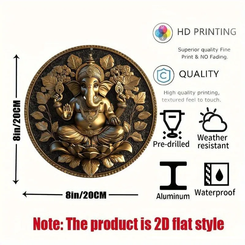 Vintage 3D Effect Lord Ganesha Metal Wall Art, Round Retro Hindu Elephant God Decorative Tin Sign, Traditional Spiritual Themed