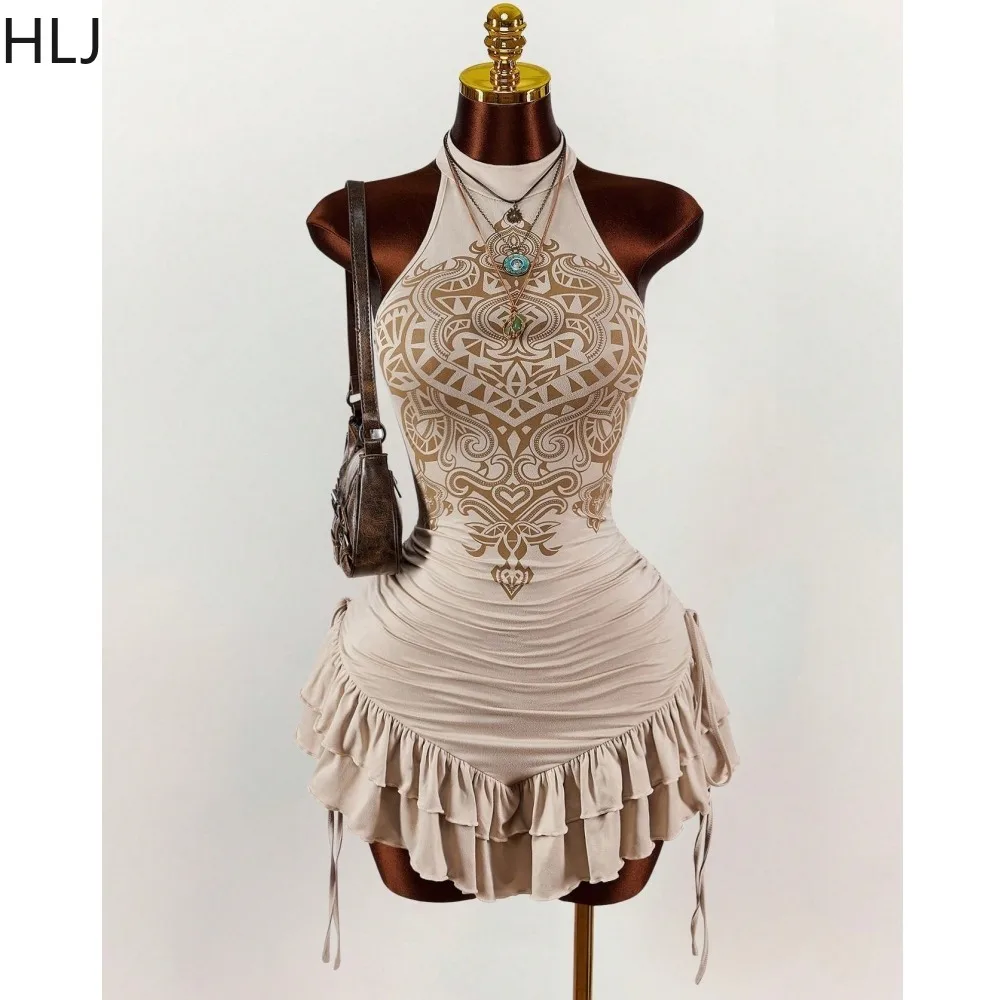 

HLJ Fashion Pattern Printing Patchwork Bodycon Dresses for Woman Halter Sleeveless Backless Dress Female Streetwear Vestidos New