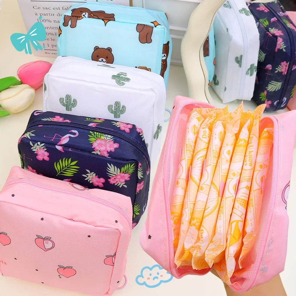 Portable Storage Bag for Sanitary Napkin Pads Cartoon Cute Waterproof Cotton Pad Pouch Cosmetic Bag Girl Travel Makeup Organizer