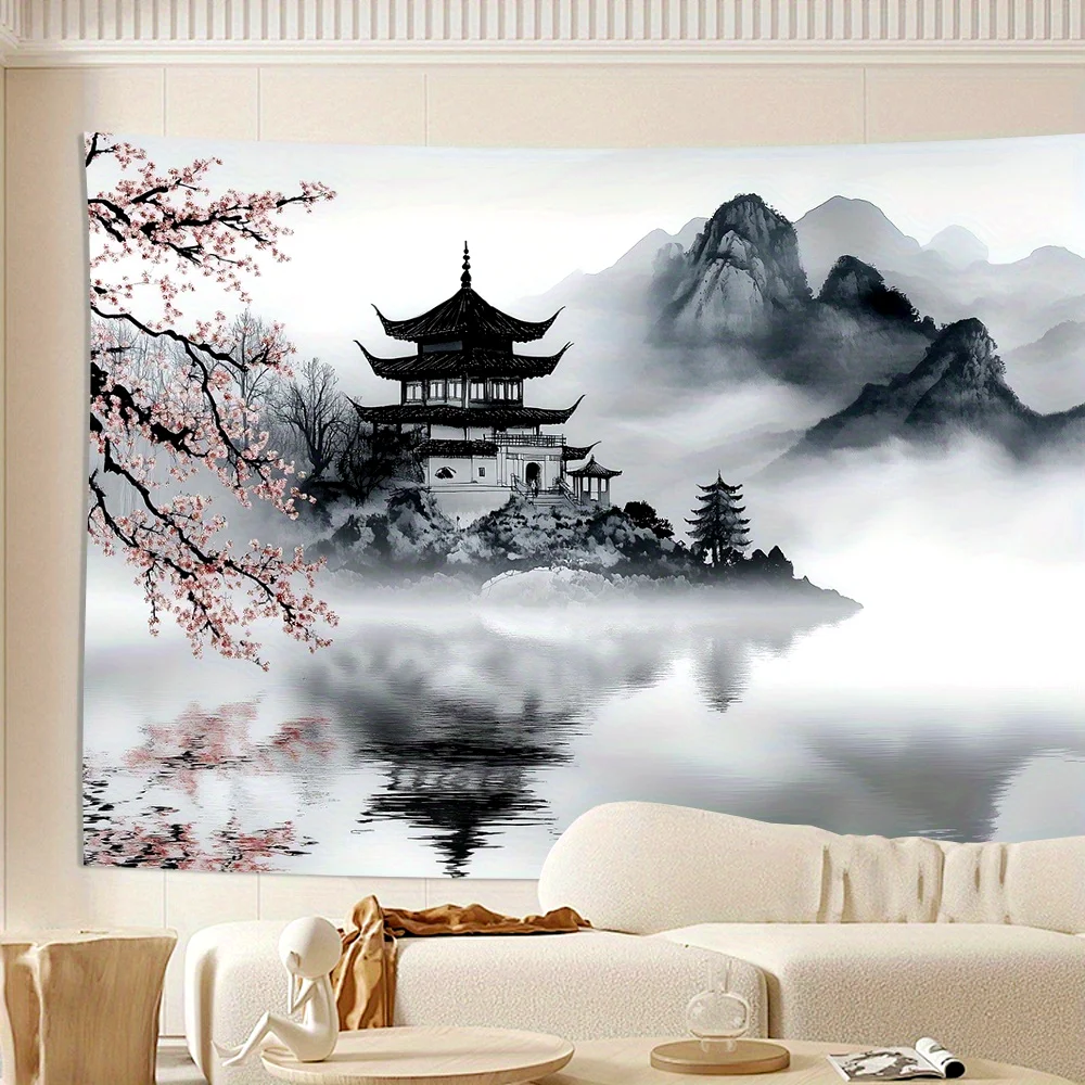 1pc japanese style landscape tower background cloth for living room bedroom party decoration tapestry, perfect creative gift
