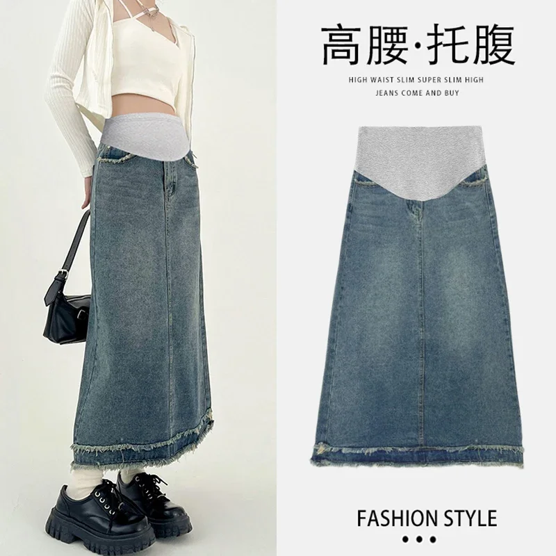 Pencil Skirts Tassel Denim Maternity Long Skirts Spring Summer Casual Clothes for Pregnant Women Pregnancy Straight Daily Wear