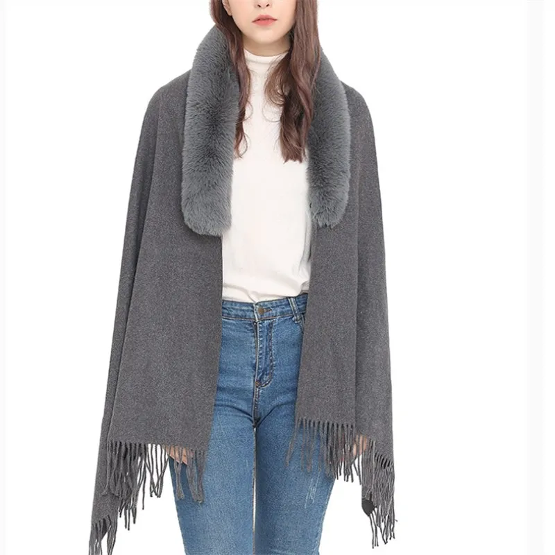 Autumn Imitation Fur Collar Scarf Cape Winter Warm Women Scarf Shawl Dual Purpose  Ponchos Lady Capes Cloak Coffee Cardigan