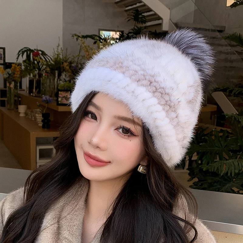 2024 New Women Winter Mink Fur Hats Knitted Real Mink Silver Fox Fur Ball Caps Female Russian Warm Beanies Hat Fur Hat