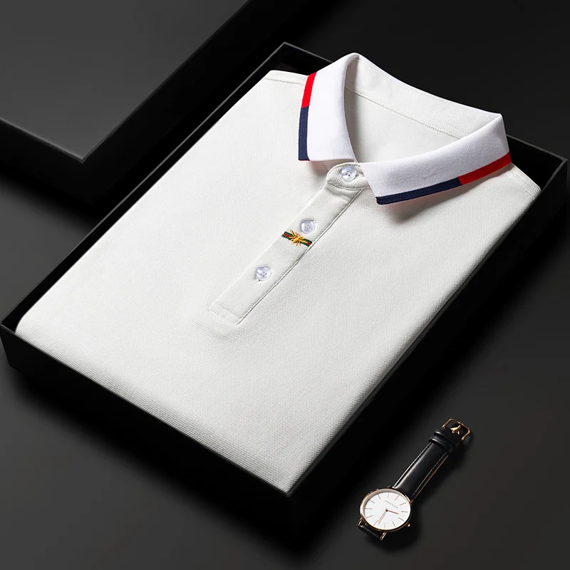 Wysokiej klasy męska koszulka polo z haftem Business Casual Lapel Long Sleeved 100% bawełna Koszulka polo Wiosna Jesień Moda Jednolity kolor Top