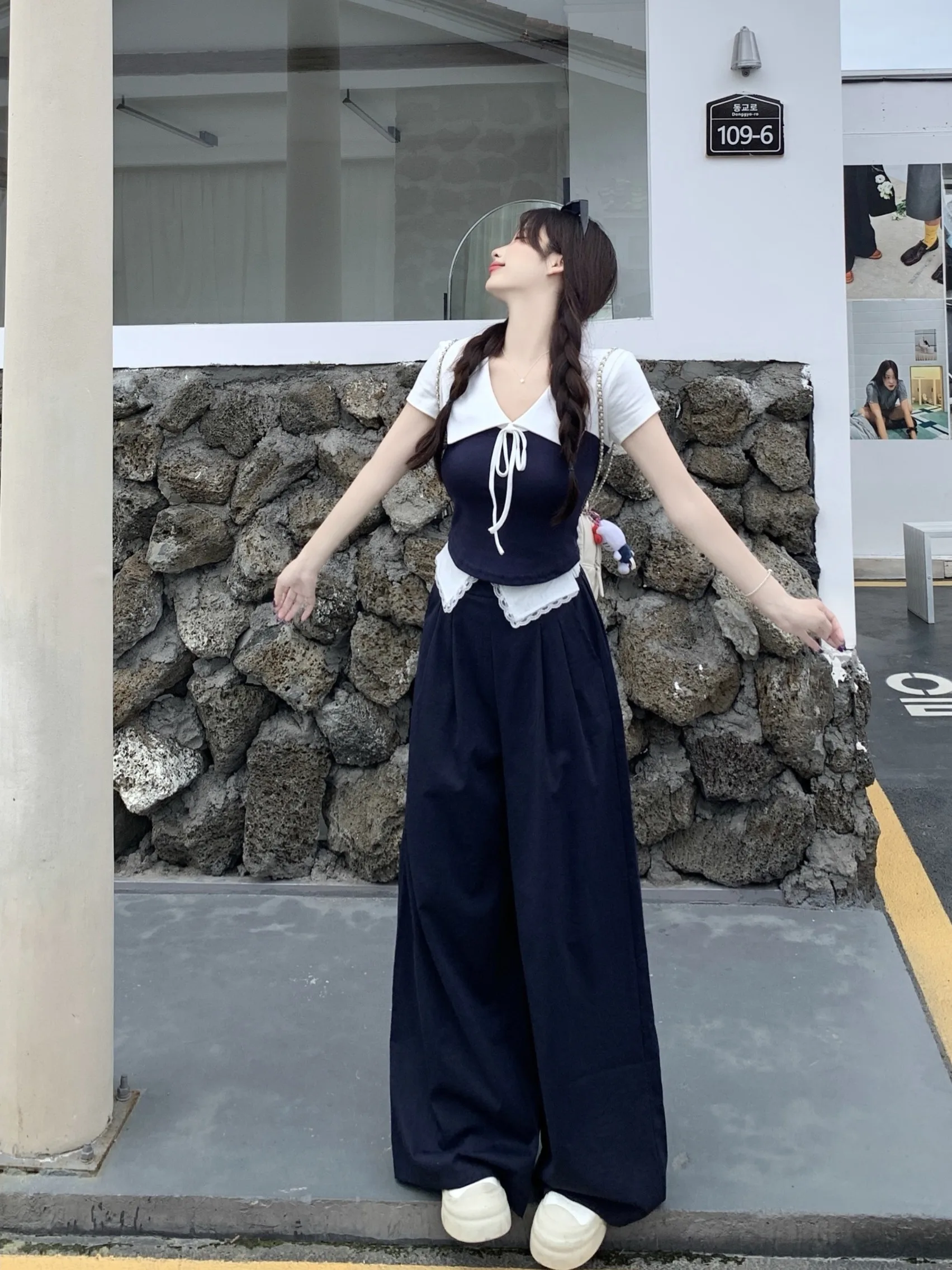 

plus Size Women's Sweet Sle Lace Splice ort Sve T-irt And High Waist Wide Leg Pants Two Piece Set Summer Slimming Fa...