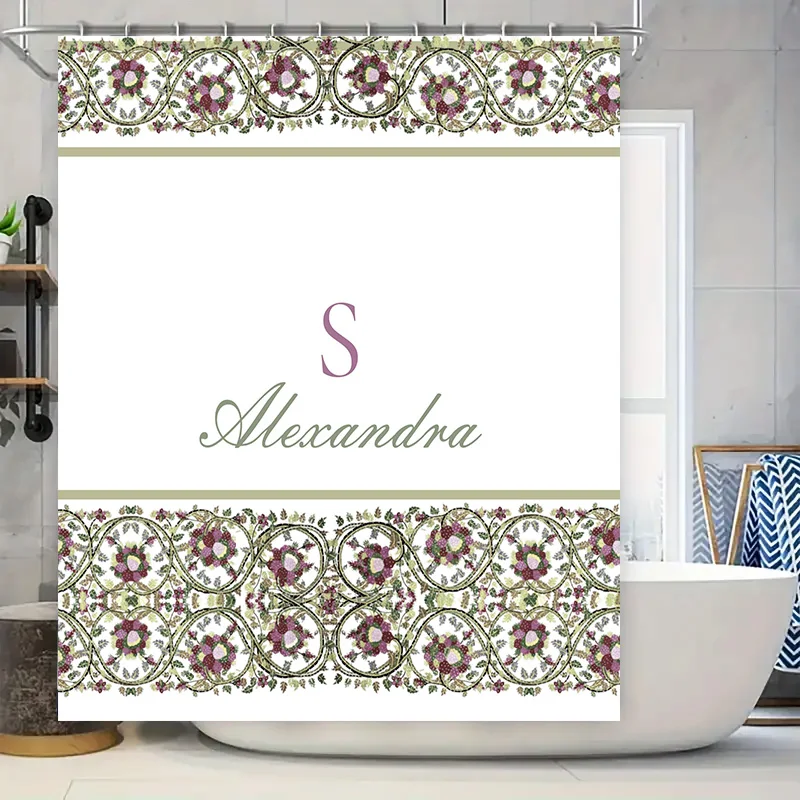 

Personalized Custom Name Initial Shower Curtain with Elegant Floral Pattern Decor Green Pink, Size 72x84 Inches for Bathroom Acc