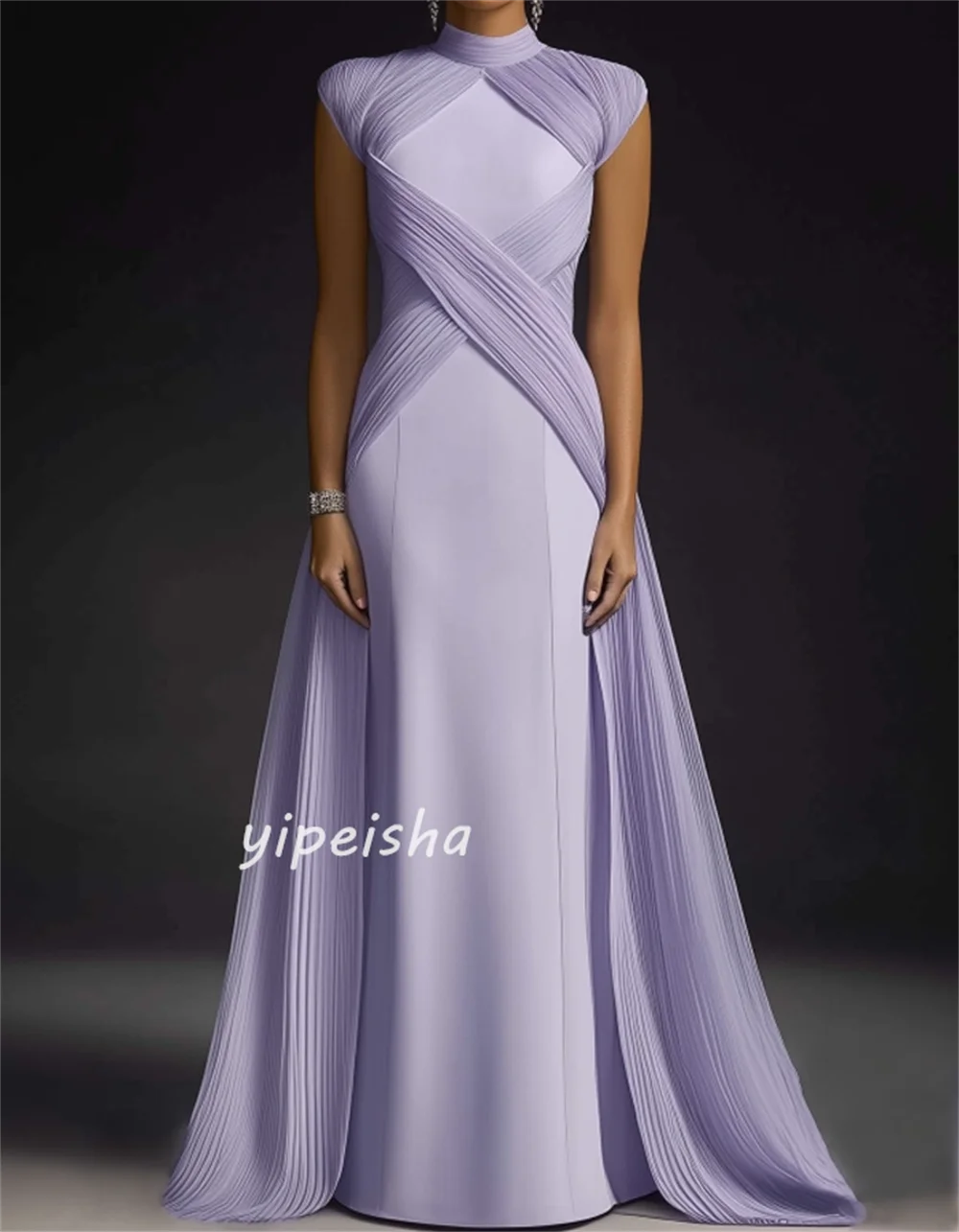 カスタマイズされたエレガントでシンプルなジャージー素材のプリーツ入りストレートハイカラーロングドレス、オーダーメイドの特別な日のドレス、サイズ展開あり、クラシック