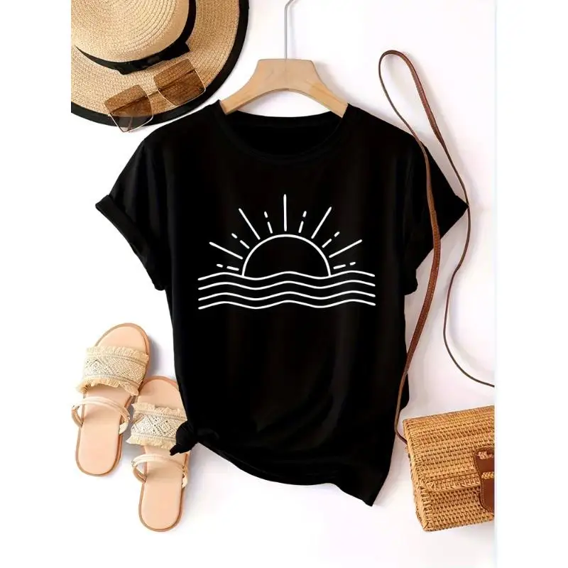 

Women Minimalist Sunset T-Shirt Wave Line Art Graphic Tee Crewneck Short Sleeve Beach Vacation Summer Holiday Boho Top