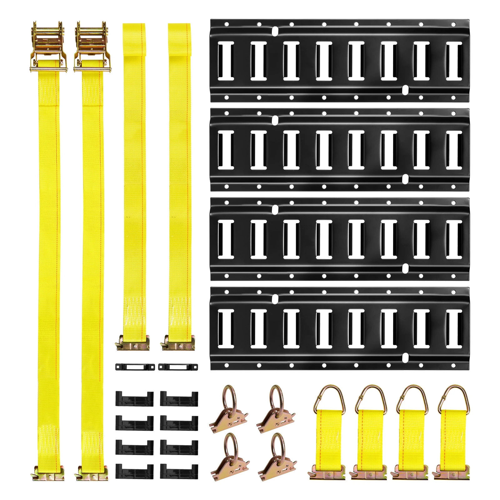 SucceBuy Lot de 4 rails de fixation E-Track de 1,3 pied avec 2 sangles à cliquet, 4 anneaux toriques et 2 fentes simples pour garages, fourgonnettes et remorques