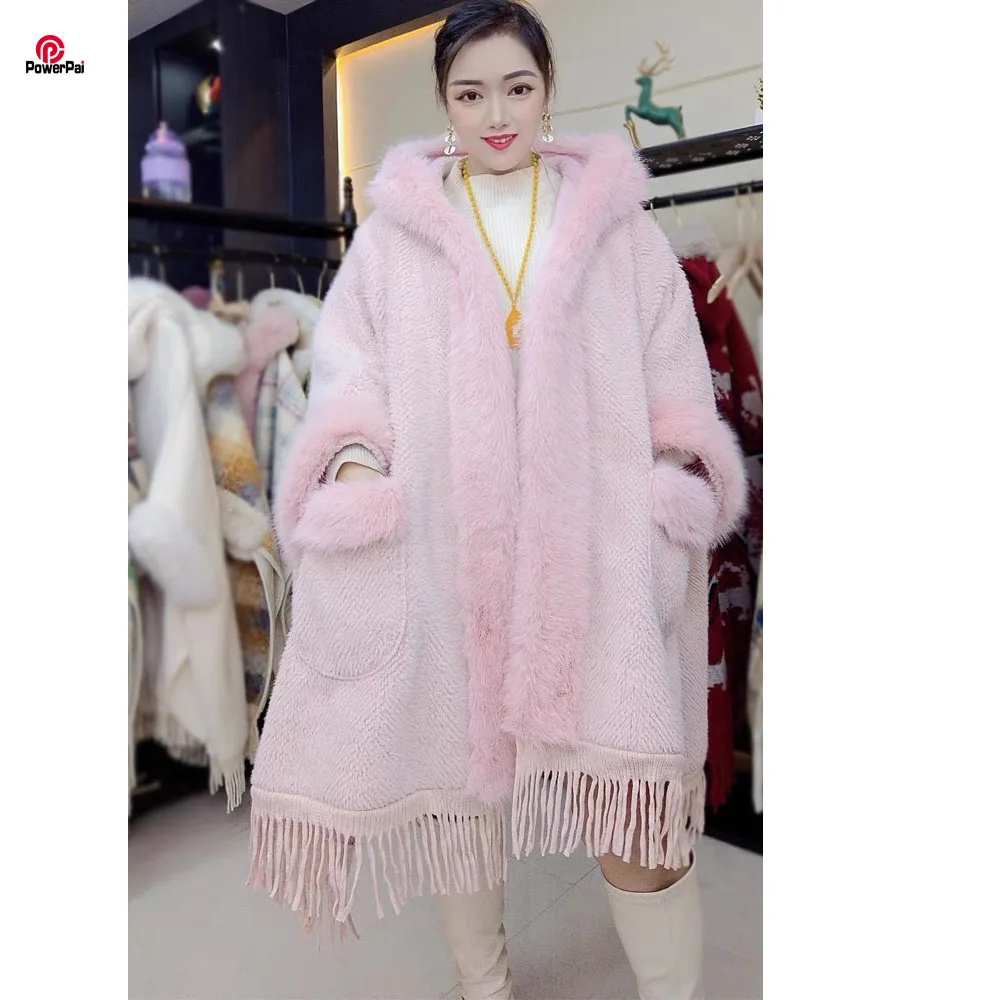 

Fashion Warm Thicken Lining Mink Wool Cape Coat Long Faux Fur Overcoat Winter Women Loose Slim Outerwear Cloak Hooded Pockets