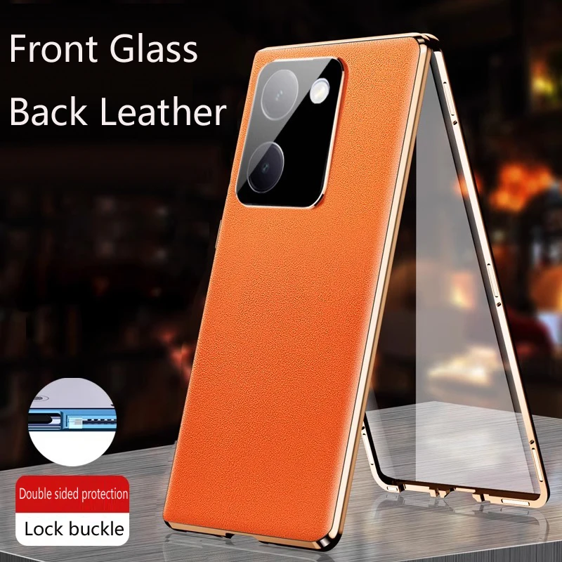 Metal Phone Case Glass lock buckle For iQOO 13 12 z7 z9x lite Turbo Neo 10 9S Pro Plus Lens Protection Leather Back Cover Cases