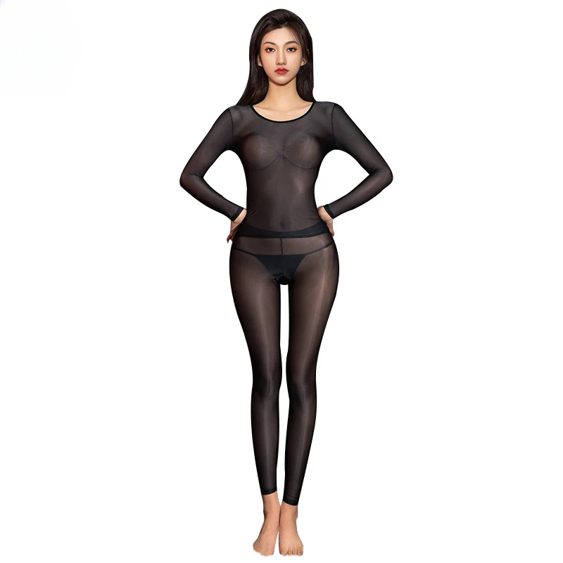 Sheer Mesh Tops Women Sexy Open Crotch Pants Oil Shiny Glossy Erotic Apparel Transparent Ultra Thin Long Sleeve T Shirt Trousers