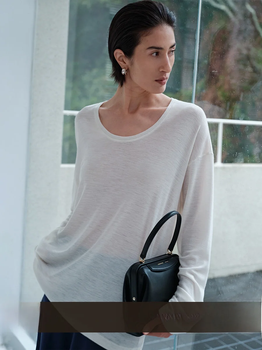 

MSBEAST Cloud Feel VISCOSE Wool Blend Long Sve Loose Fit Thin U-Ne Air T Женская модная универсальная футболка для повседневной носки