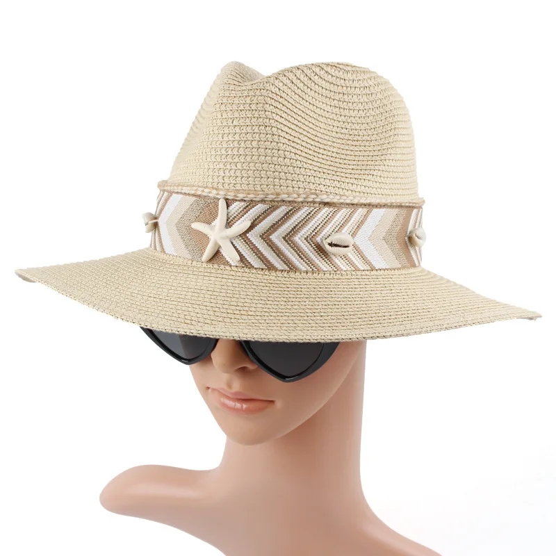 New Women's Beach Vacation Style Straw Hat With Starfish And Shell Decorations, Panama Sun Hat