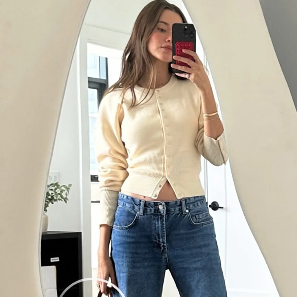 Talenza Women\'s High Waist Round Neck Single Breasted Cardigan Solid Long Sleeve Short Sweater Top Autumn Slim Bottoming Shirt