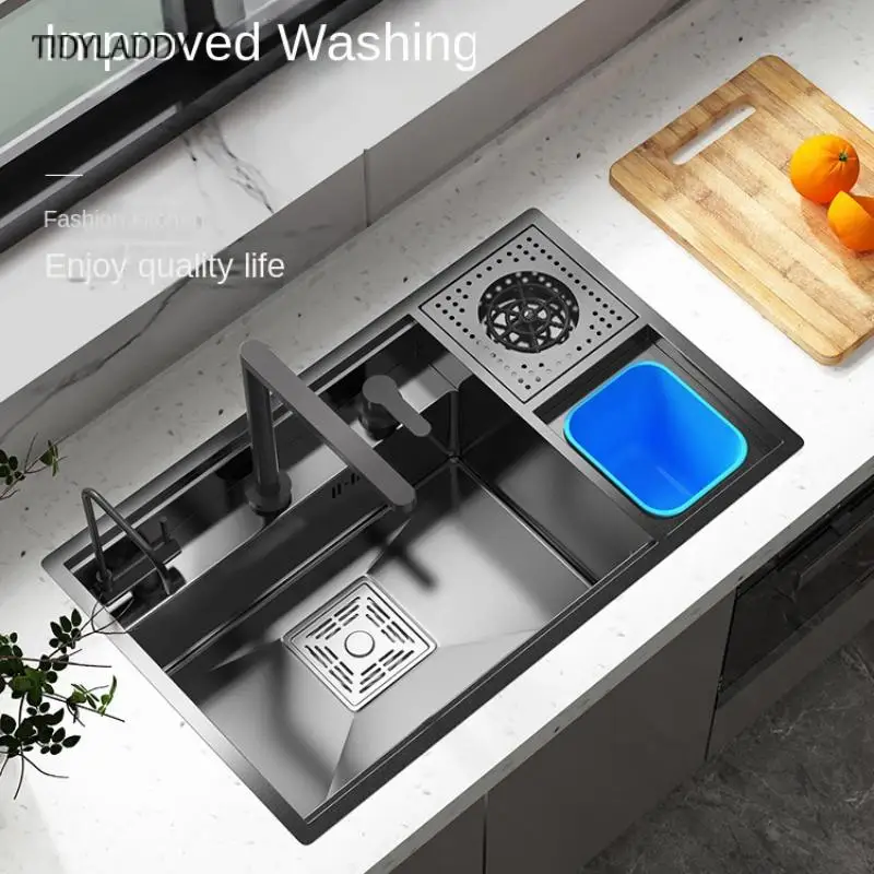 

Hidden Kitchen Sink Single Bowl Bar Stainless Steel Balcony Sink Concealed Kitchen Novel Bar Sink with Cup Washer Trash Can