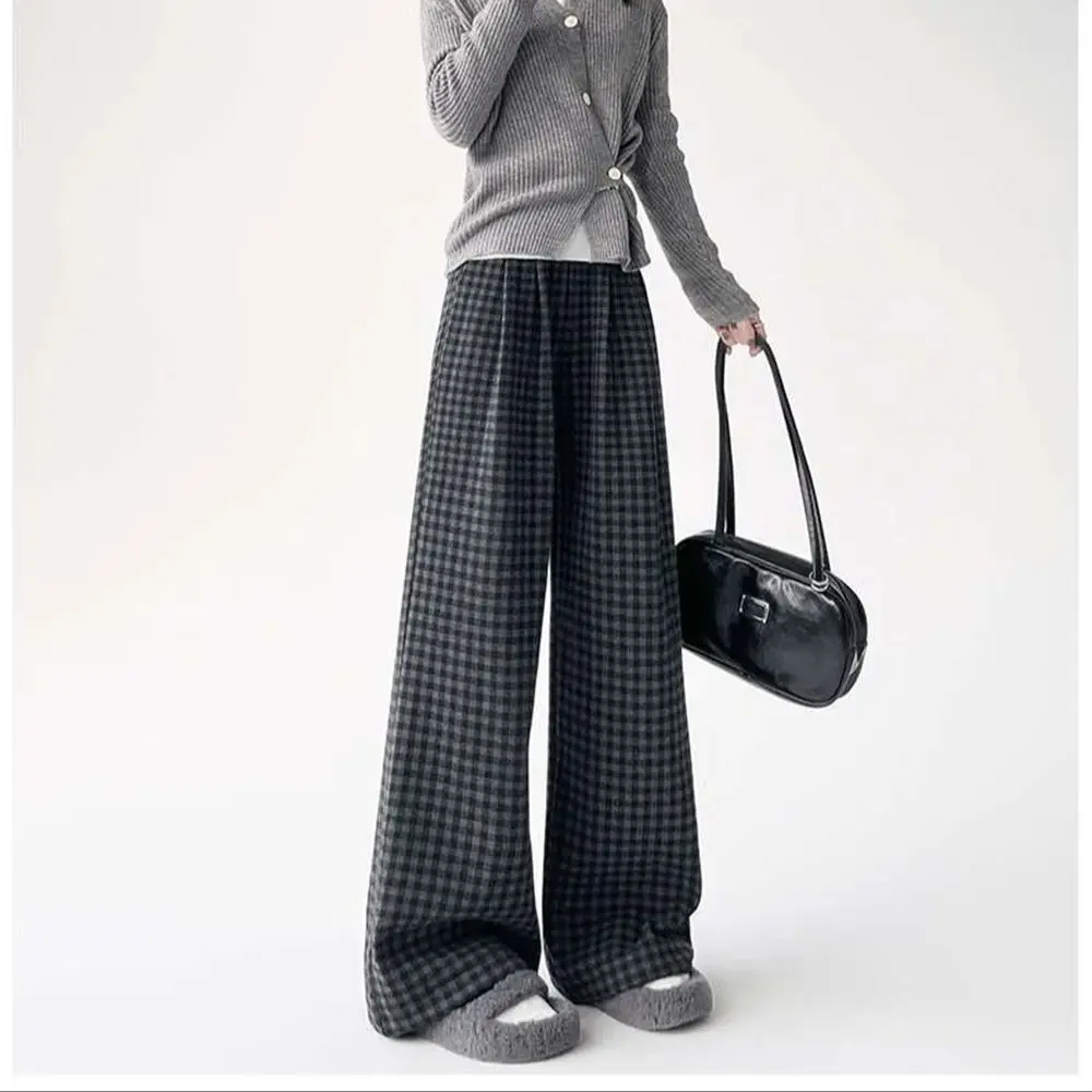 منقوشة طباعة شتاء دافئ بنطال ذو قصة أرجل واسعة المرأة عادية عالية الخصر الشارع مستقيم بنطلون Hatajuku Y2k شيك ملابس عصرية الكورية #5