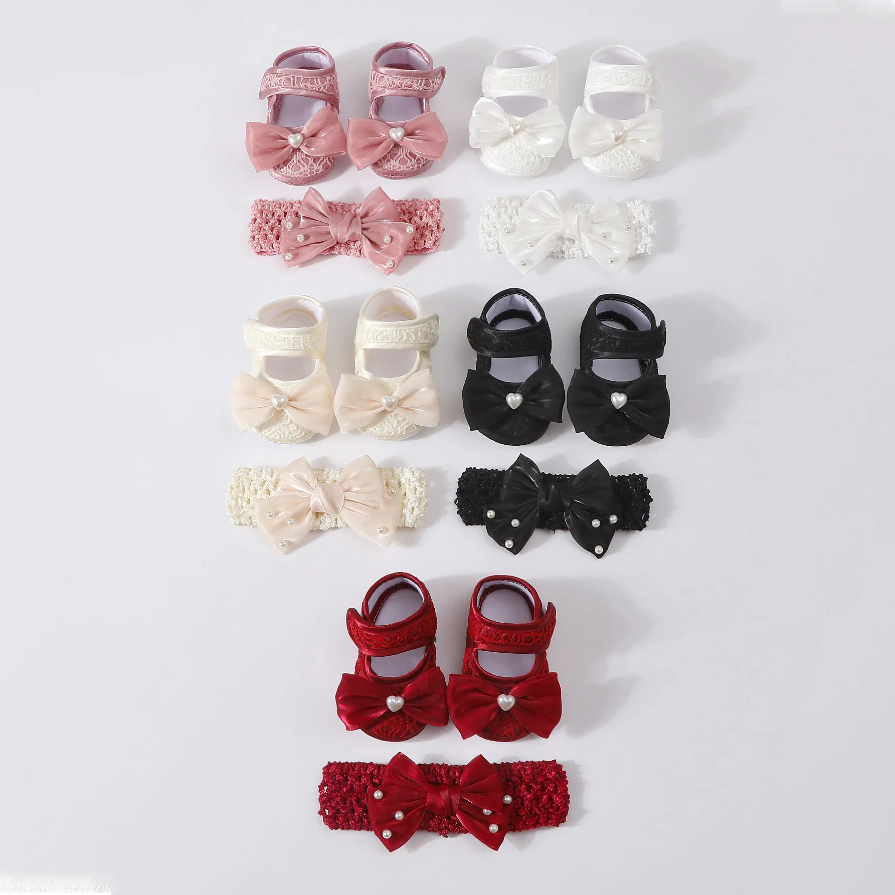 New 1Set Love Pearl Antiskid Baby Shoes Headband Newborn Toddler Prewalker Princess Shoes Solid Floor Socks Girls Socks Headwear