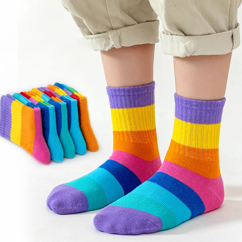 5 Pairs/set New Rainbow Color Series Simple Casual Socks Autumn And Winter Children Socks High Elastic Soft Skin-Friendly Socks