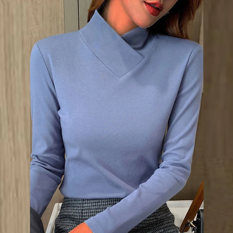 Camisa básica de primavera y otoño para mujer, camisetas informales de manga larga con cuello alto elegante, camisa de oficina a la moda para mujer,