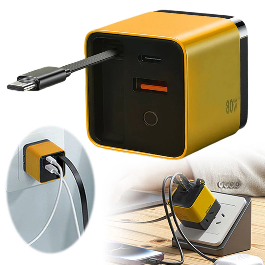 3 in 1 Retractable Phone Wall Plug Scalable 80w Max with Type C Cable and 2 USB Ports for iPhone Phone and Laptops