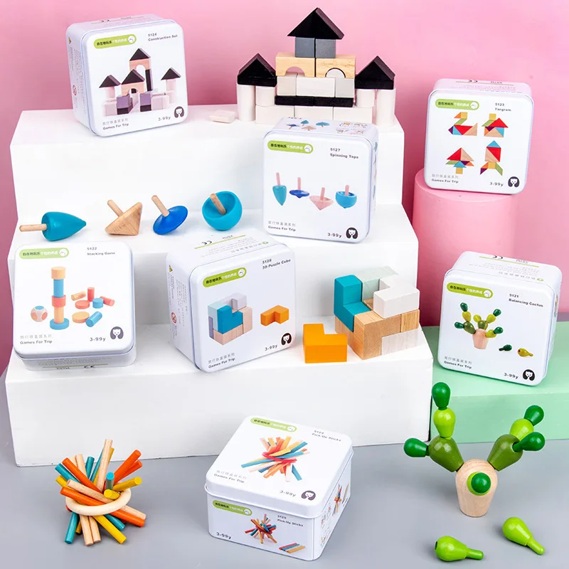 Travel กล่องเหล็ก Series Domino Magic Cube Top ปริศนาไม้ของเล่นเด็กปริศนาการตรัสรู้ Early Education บล็อกอาคารไม้