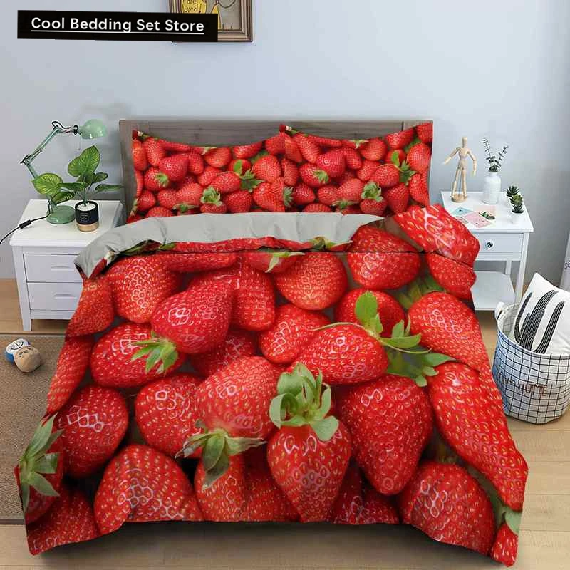 

Red Strawberry Cute Bedding Set 3D Pink Lovely Summer Fruit Duvet Cover King Queen for Kids Girls 2/3pcs Polyester Quilt Cover