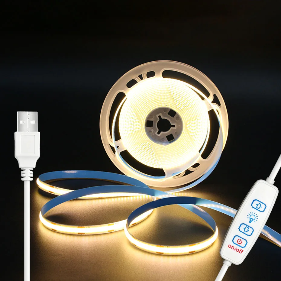 5V USB COB LED Strip Light 320LEDs/m 3Keys Dimmable ON/OFF Switch 1m-5m 8mm Flex Tape for Mirror TV Cabinet Stairs Lighting
