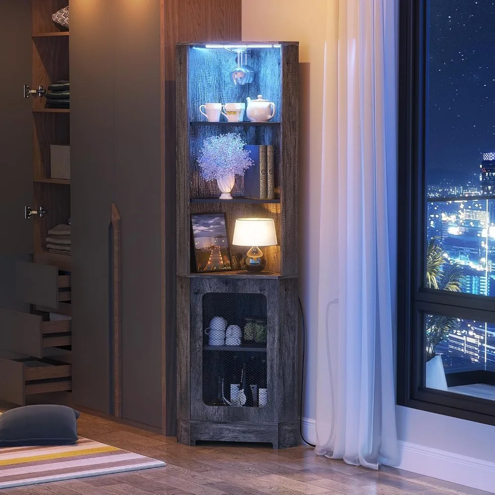 Armoire de bar d'angle avec lumière LED et prise de courant, armoire à vin industrielle avec porte-verre, armoire d'angle haute à 5 niveaux