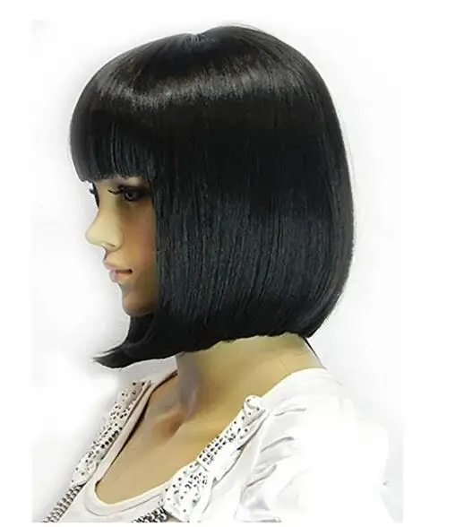 Perucas de cabelo sintético preto reto para mulheres, Bob peruca, franja cheia, resistente ao calor, Bob penteado, cosplay