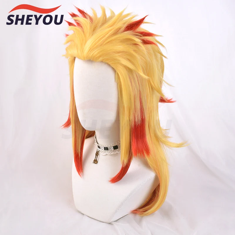 Peluca de Anime Rengoku Kyoujurou Rubio degradado, disfraz de Cosplay, peluca de cabello Pontail resistente al calor, gorro de peluca, hombres y