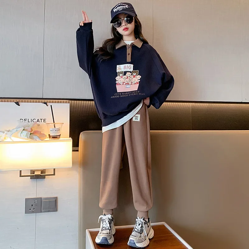 

School Kids Tracksuit Child Jogger Outfit 5-16 Years Spring Autumn Girls Contrast Cartoon Shower Preppy Sweatshirt+Sweatpant Set