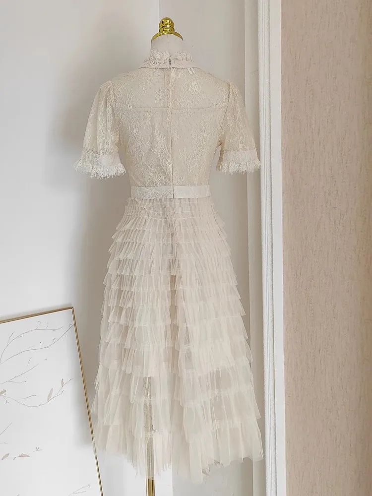 Damasco elegante vestido em camadas feminino miçangas rendas retalhos streetwear vestidos o pescoço pista design roupas de festa de férias senhora