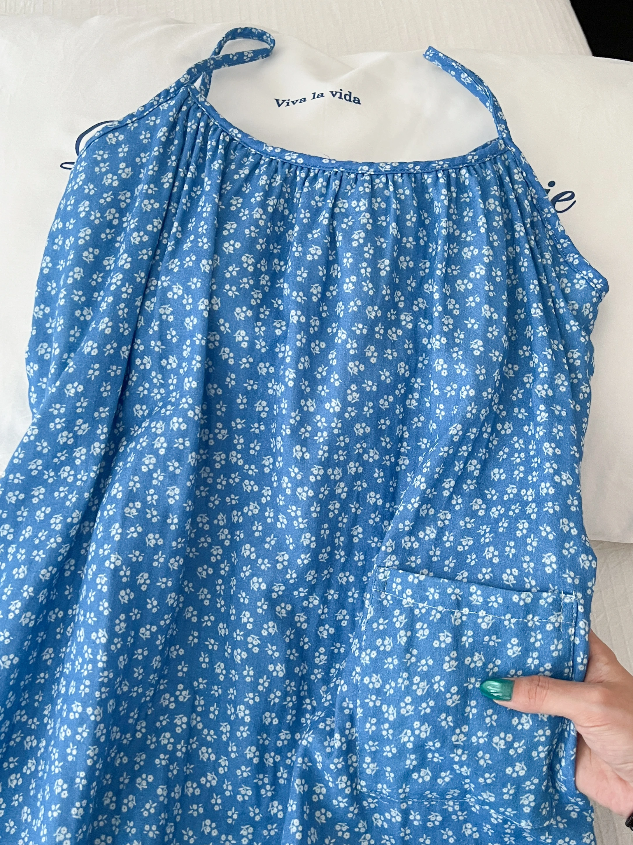 

Sweet Korean Style Blue Floral Print Summer Sleepwear Women's Loose Sleeveless Home Clothes Comfortable V-Neck Long Dress