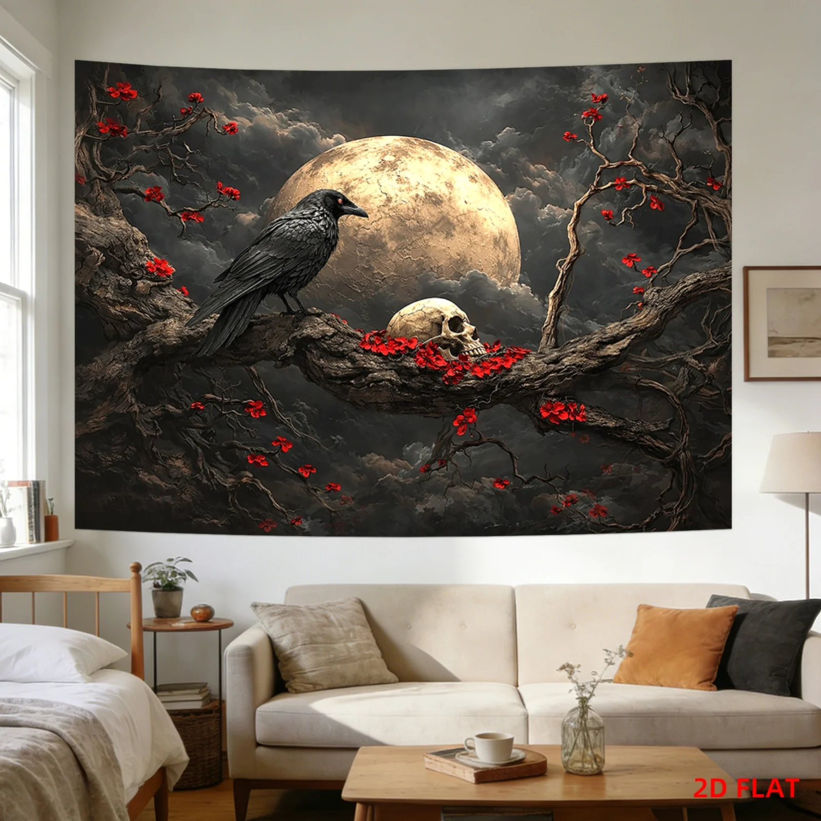 Gothic Moon Skull Crow Tree Branches Wall Tapestry Dark Moody Halloween Decor Art Print