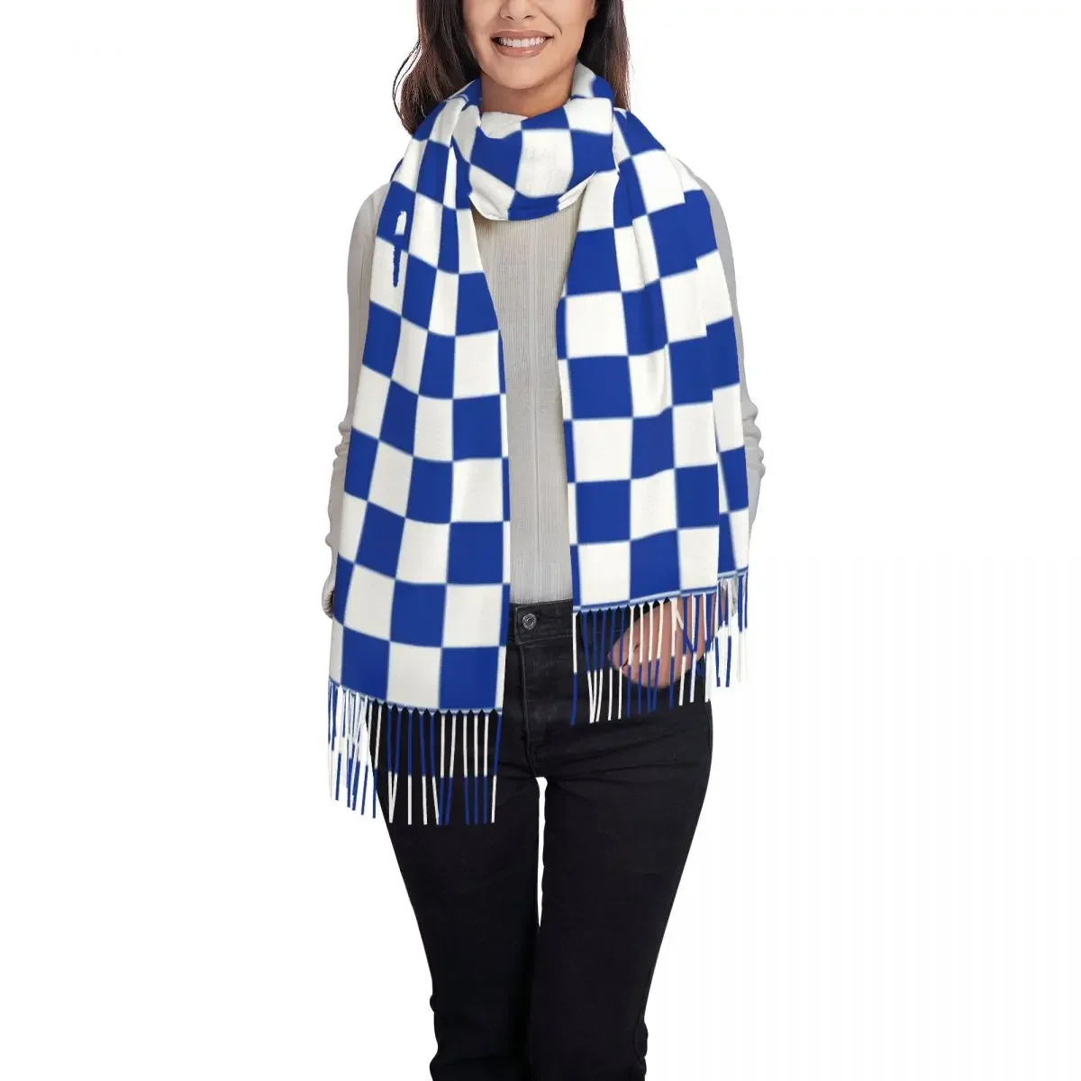 Women Scarf Warm Soft Blue And White Checkerboard Head Scarves with Tassel Vintage Checker Casual Shawl Wrap Winter Bandana