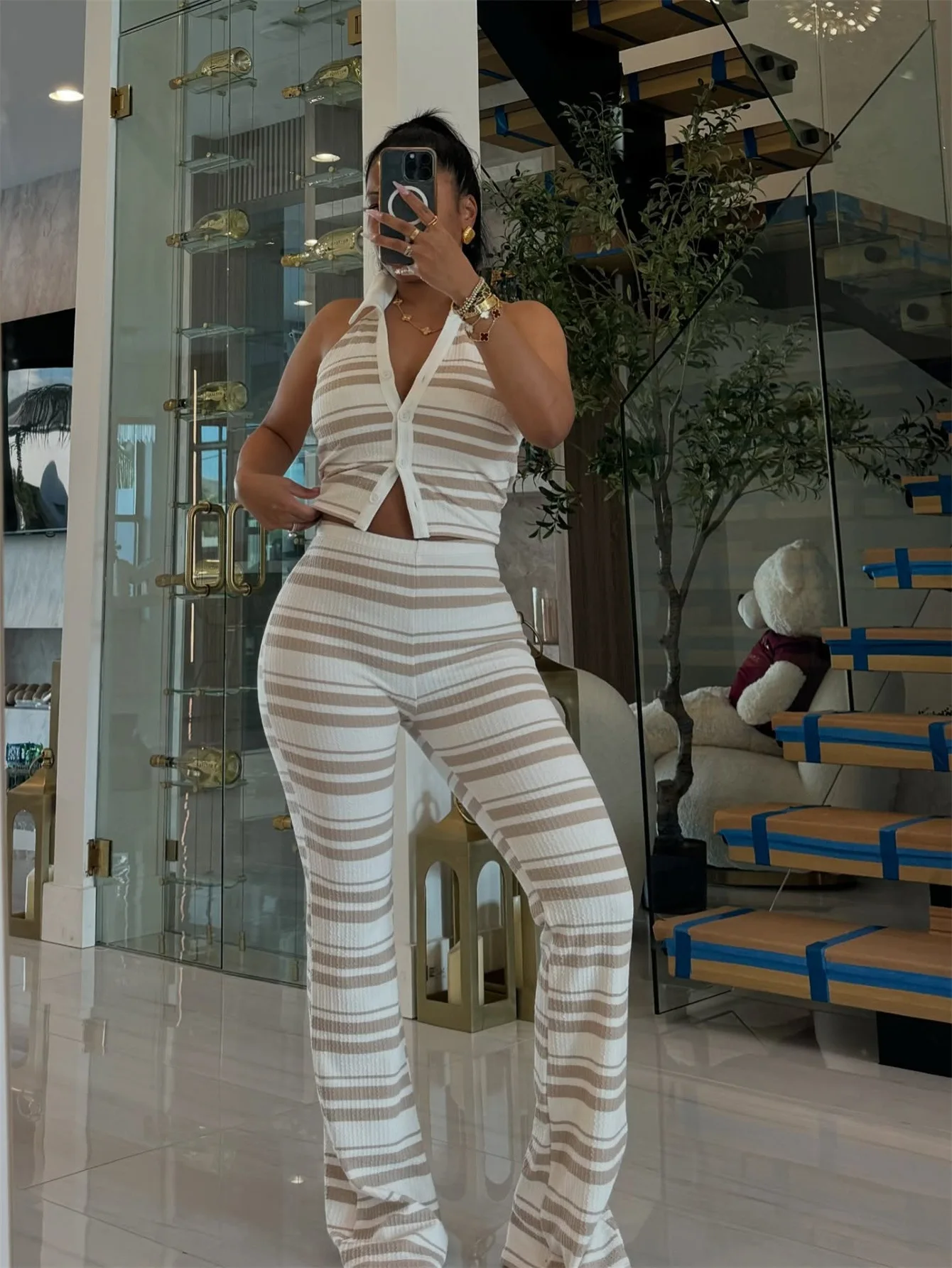 

Fashion Striped Print 2 Piece Set Women Sexy Lapel Halter Backless Single Breasted Slim Top High Waist Package Hip Trousers Set