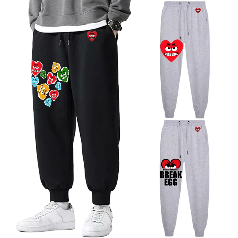 Break Egg Men Trousers Cotton Red Cute Snag Heart Embroidery Colorful Heart Print Thin Elastic Drawstring Spring Casual Pant