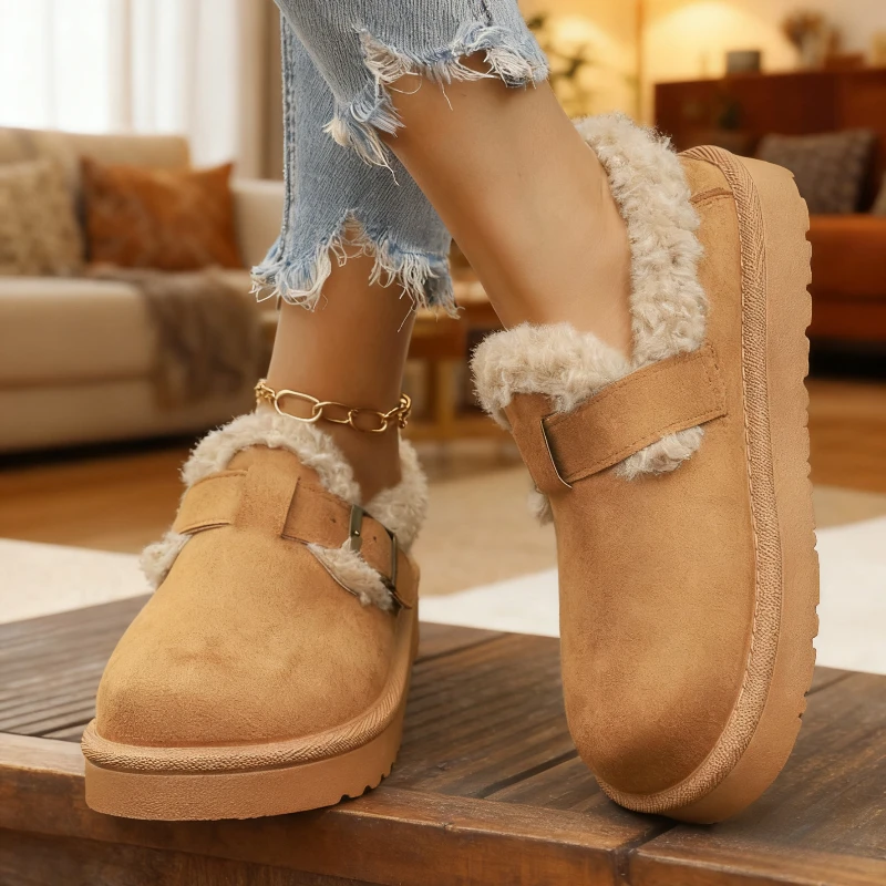 

Женские замшевые ботильоны, зимние ботинки на плоской подошве с плюшевой подкладкой, зимние ботинки без шнуровки с круглым носком на низком каблуке (1-3 см), нескользящая резина