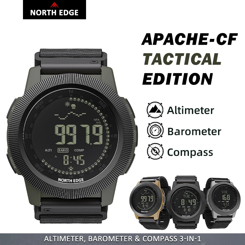 Montre numérique pour homme NORTH EDGE APACHE-CF, idéale pour les activités de plein air, la course, la natation et les sports de plein air. Elle est dotée d'un altimètre, d'un baromètre et d'une boussole. Étanche jusqu'à 50 mètres.