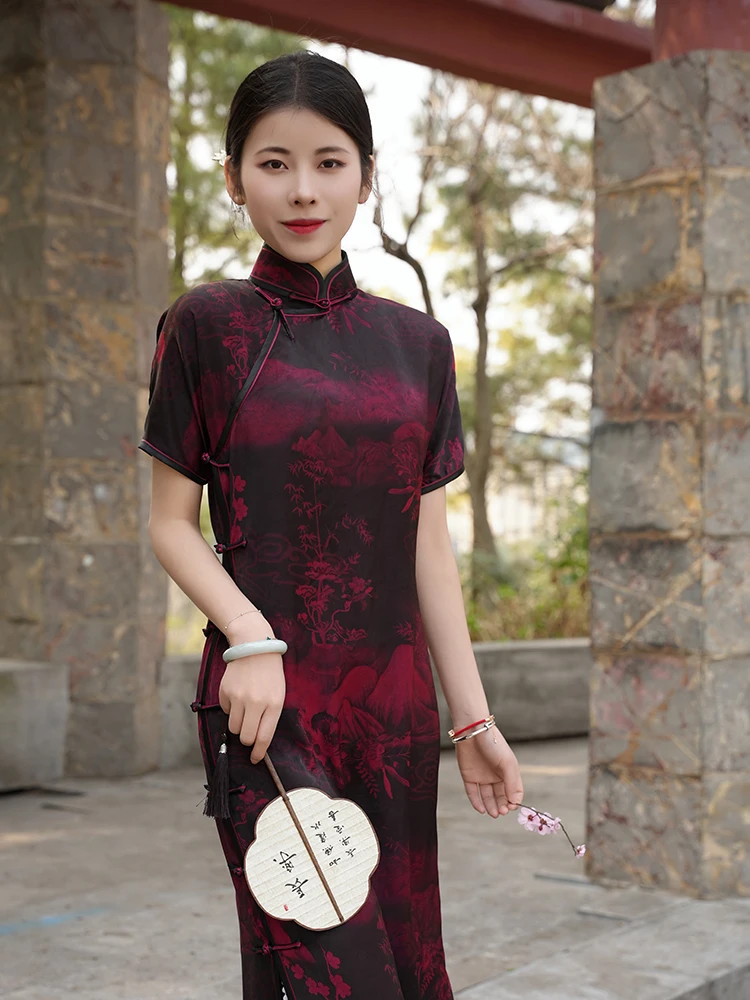 

Red Lotus Original Handmade Long Silk Satin Youthful Watercolor Landscape Short Sleeve Daily Wear Retro Style